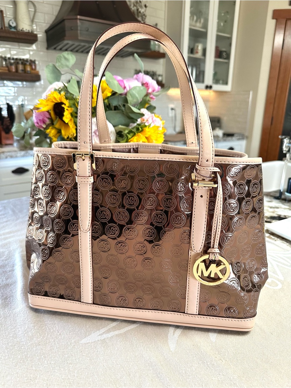 Michael Kors Grayson Cocoa Mirror Metallic Monogram Large Tote Bag - Picture 2 of 10